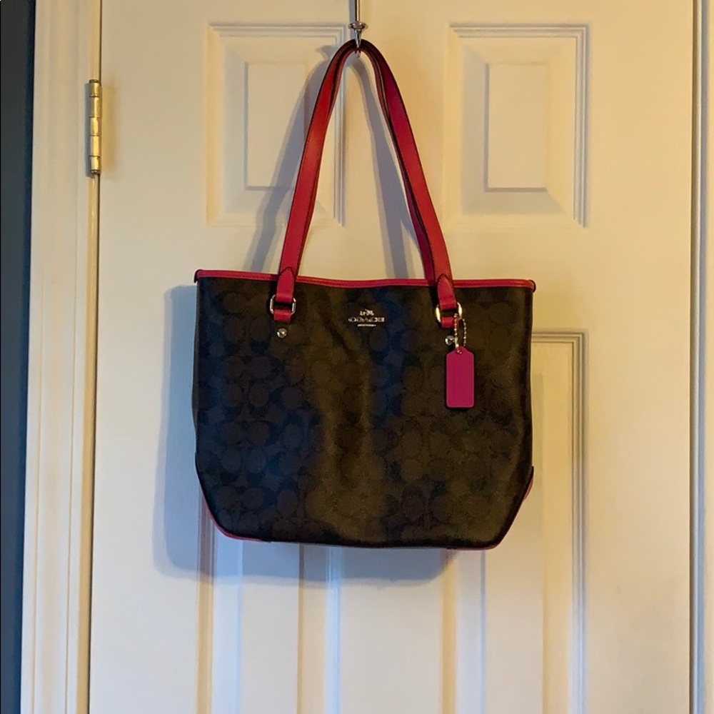 Coach signature pink brown tote bag purse